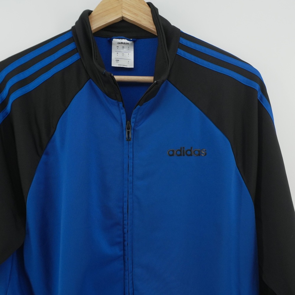 Adidas Track Jacket Mens Medium Blue Black 3 Stripe Full Zip Raglan Athletic
